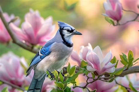 Blue Jay Perched Among Fresh Green Leaves and Blooming Magnolias nature