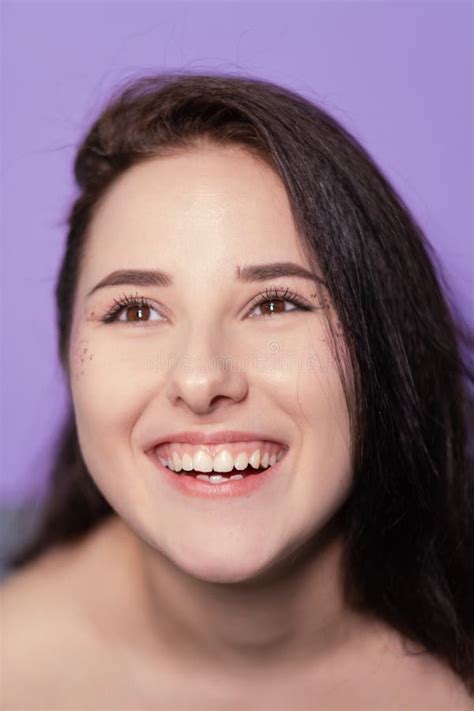 Pretty Brunette Girl Woman On Very Peri Background Trendy Color Stock Photo Image Of