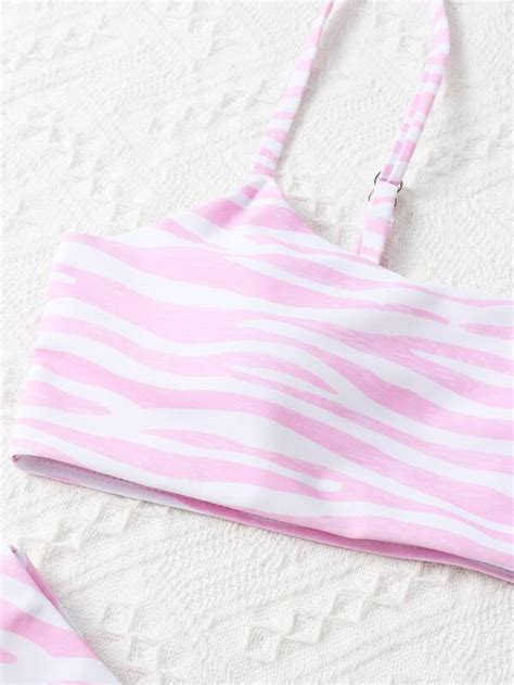 SHEIN Swim Vcay Zebra Stripe Bikini Set Wireless Bra Top High Cut Bikini Bottom 2 Piece