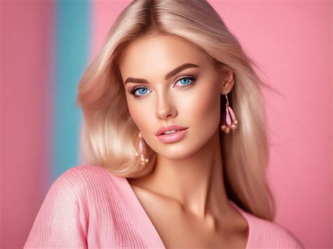 Premium AI Image Cute Blonde Girl Doll Style In Fashion Pink Dress Studio Pink Pastel Background