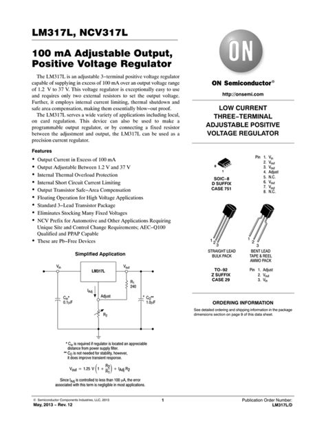 LM317L 100 MA Adjustable Output Positive Voltage Regulator