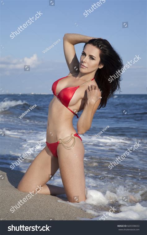 Brunette Red Bathing Suit Sexually Posing Stock Photo Shutterstock