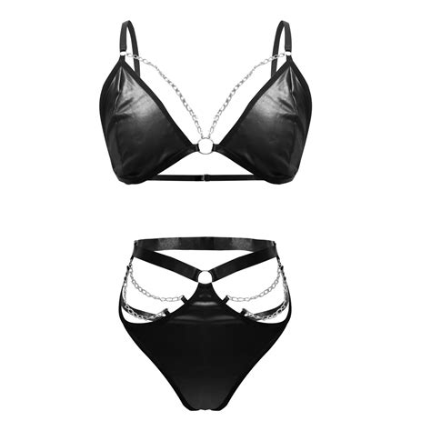 Buy Women Sexy Leather Lingerie Set Steel Ring Metal Chain Bandage Bra And String Thongs Briefs