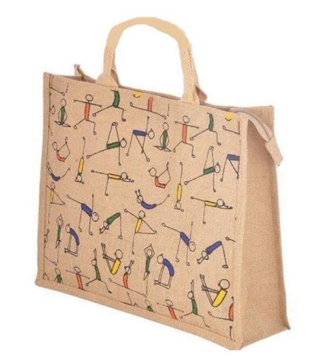 Light Brown Base Jute Printed Shopping Bag Size 14x16x5 Inch Hxwxd