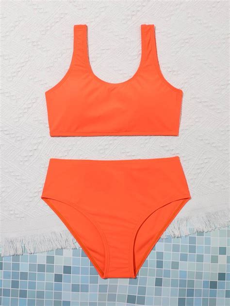 SHEIN Conjunto de bikini inalámbrico de color sólido para playa de verano para niña adolescente