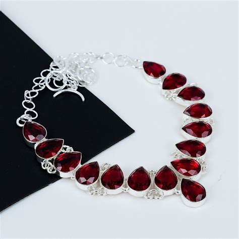 red garnet silver necklace red color stone necklace gemstone necklace