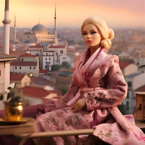 Premium AI Image Cute Blonde Barbie Wearing A Pink Clothing Against Arabic City Background