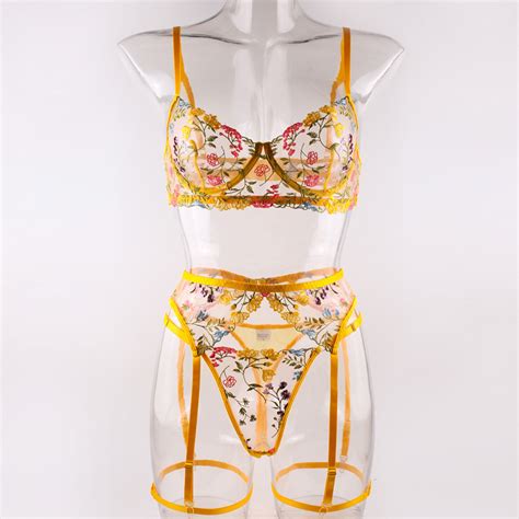 Flower 3 Piece Lingerie Set Transparent Underwear Bra And Thong Set China Underwear And Women