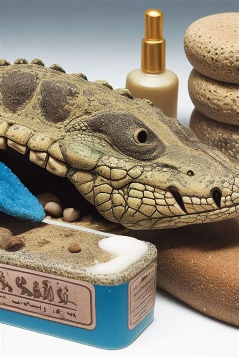 A Close Up Of A Fake Alligators Head Next To Some Rocks And Soap