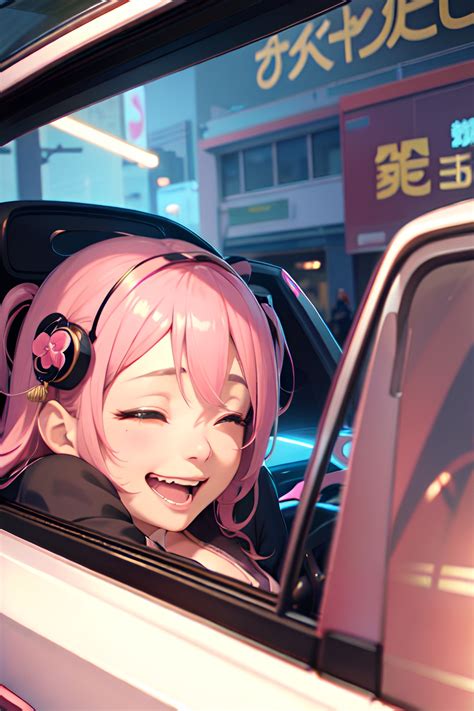 Anime Busty Small Tits 40s Age Laughing Face Pink Hair Straight Hair Style Dark Skin Cyberpunk