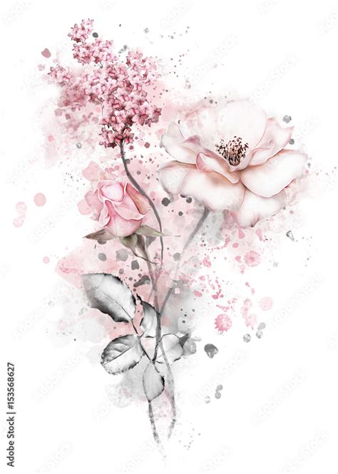 Watercolor Flowers Floral Illustration Flower In Pastel Colors Pink