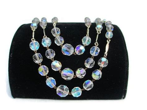 Vintage Three 3 Strand Graduated Aurora Borealis Vitrail Crystal Necklace Crystal Choker