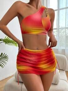 SHEIN Swim BAE Ombre Ring Linked One Shoulder Bikini Swimsuit With Beach Skirt SHEIN USA