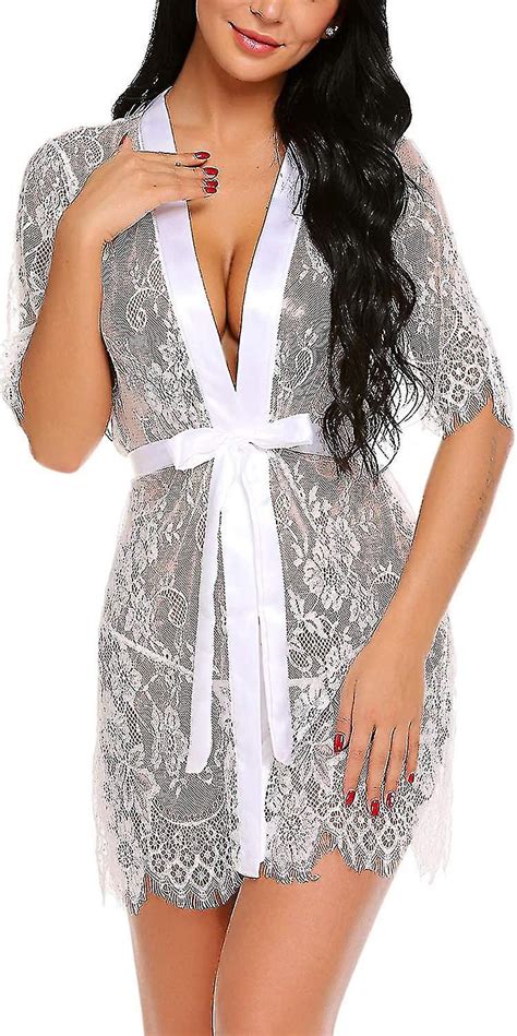 Women Sexy Long Lace Lingerie Kimono Robe Sheer Babydoll Nightgown Nightdress S Xl Fruugo AU