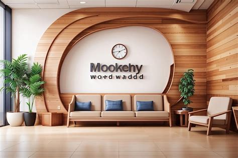 Office Wooden Lobby Waiting Room For Company Wall Logo Mockup Premium