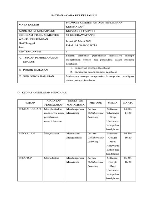 Satuan Acara Perkuliahan Promosi Kesehatan Dan Pendidikan Kesehatan Pdf
