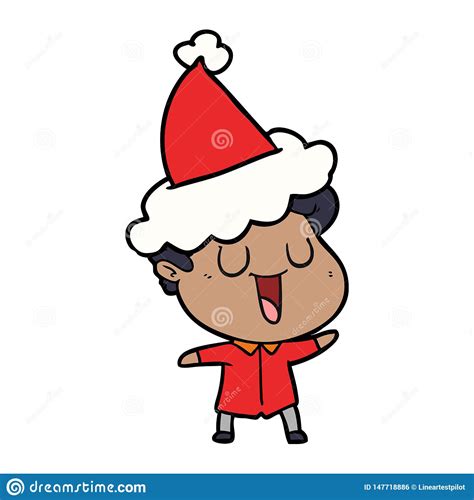 Laughing Line Drawing Of A Man Wearing Santa Hat Stock Vector