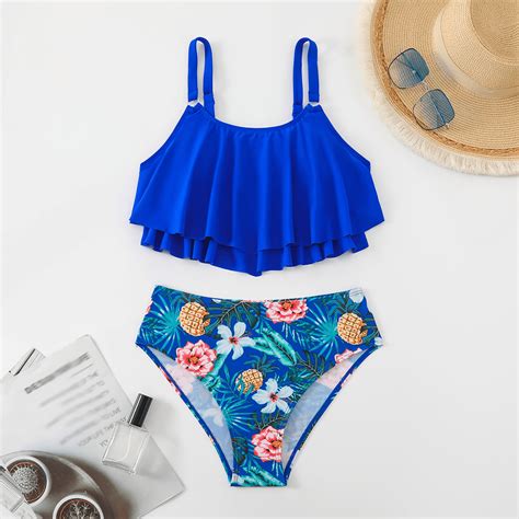 Fulorrnie Women S Ruffle Bikini Set Floral Fruit Print Mesh Design High Waisted Swimsuit Blue