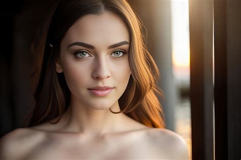 Premium Ai Image Closeup Portrait Of A Female Model With Long Brunette Hair In A Room Opposite