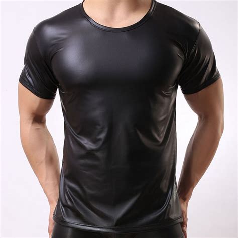 Hot Sale Fashion Sexy Men T Shirt Stage T Shirts Short Sleeve Imitation Leather Compression