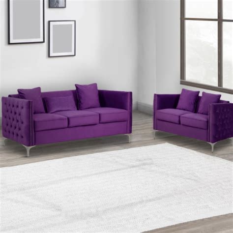 Joel Modern 2 Piece Sofa and Loveseat Living Room Set, Tufted Purple ...