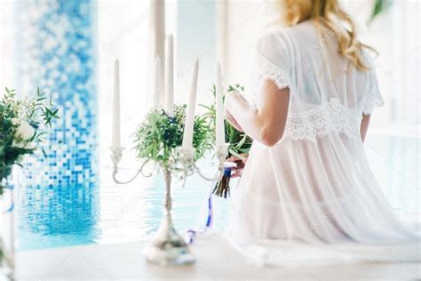 Sexy Woman In White Lingerie In Pool Stock Photo Shebeko