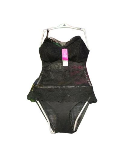 Babydoll Lingerie Set Lace Fabric 3 4th Coverage Plunge Neck Black Color Skin Friendly