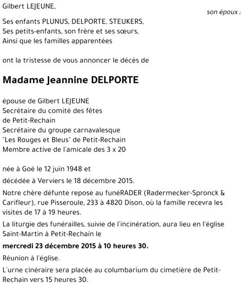 Avis de décès de Jeannine DELPORTE décédé le 18 12 2015 à Verviers