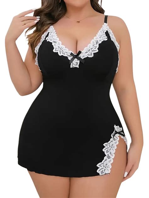 LilyLLL Womens Plus Size Lingerie Lace Nightdress Chemise Babydoll Split Sleepwear Underwear Pjs