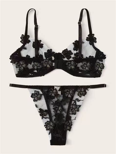 Floral Embroidery Sexy Lingerie Set Women Thin Transparent Bralette Set Underwear Set And