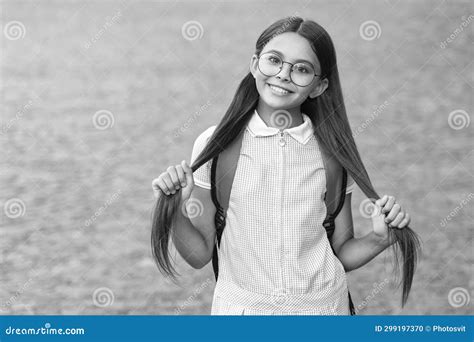 Cheerful Teenage School Brunette Girl Teenage School Girl With Backpack Stock Photo Image Of