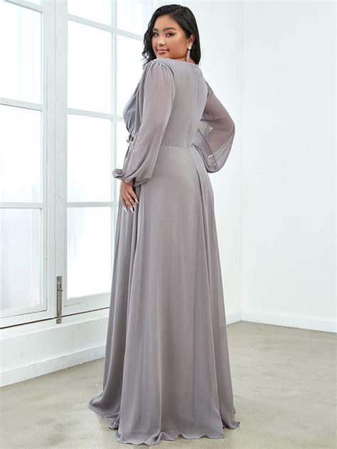 Evening Dress Appliqued Plus Size Chiffon Maxi With Long Lantern Sleeves