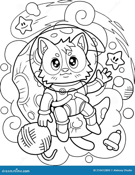 Cat Astronaut Sitting On The Moon Coloring Book Funny Illustration