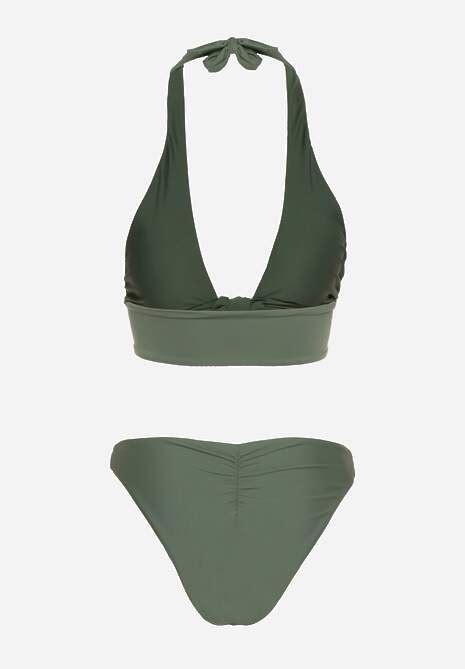 Ciemnozielone Eleganckie Bikini z Ozodbnym Wiązanym Biustonoszem i Figami Push Up Gwydion Renee
