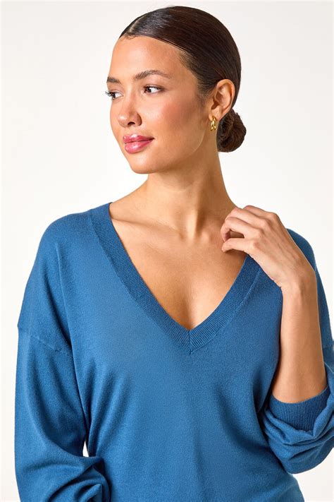 Petrol Blue V Neck Stretch Jumper Roman Uk