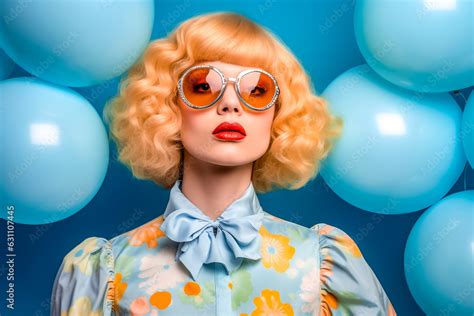 Portrait De Mode D Une Jeune Femme Blonde Avec Un Chemisier Fleuri Et Des Lunettes Devant Un Mur