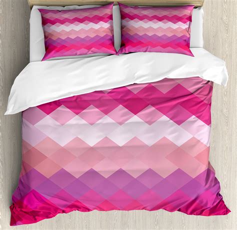 Hot Pink Duvet Cover Set Classical Simple Modern Design With Vibrant Colored Diamond Line