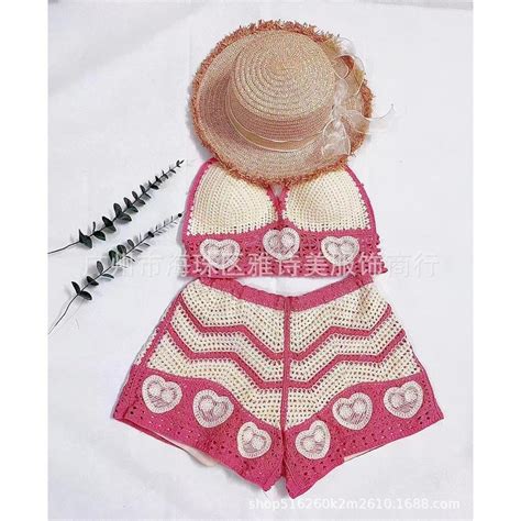 Mesh Lace Knit Set Piece Includes Pants And Bra Beach Bikini Set With Heart Knitting In Super