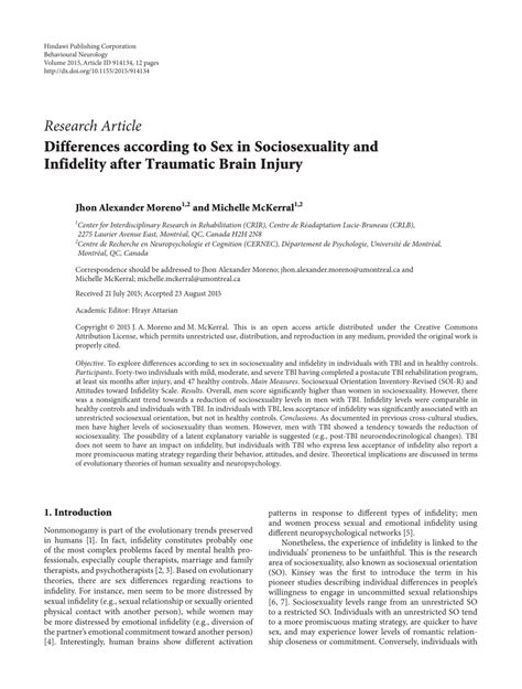 Pdf Differences According To Sex In Sociosexuality And Infidelity After Traumatic Brain Injury
