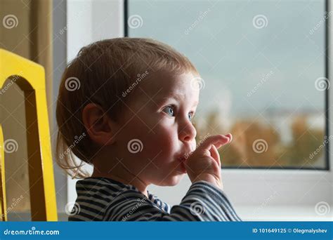 Funny Babe Blondes Licks Finger With Yogurt Stock Image Image Of Baby Small 101649125