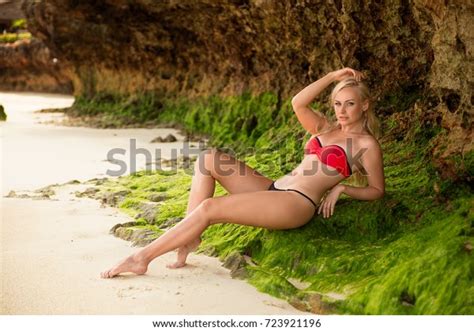 Beautiful Blonde Woman Red Bikini Posing Stock Photo Shutterstock