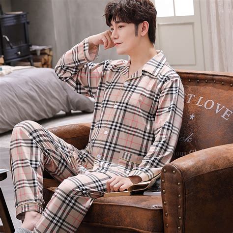 Korean Fashion Mens Cotton Pyjamas Set Male Sleepwear Suits Long Sleeve