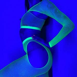 Blacklight Rave Women Outfits Neon Acid Fishnet Top And Bodystocking Tights UV Reactive Lingerie