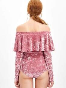 Pink Ruffle Off The Shoulder Crushed Velvet Bodysuit Shein Sheinside