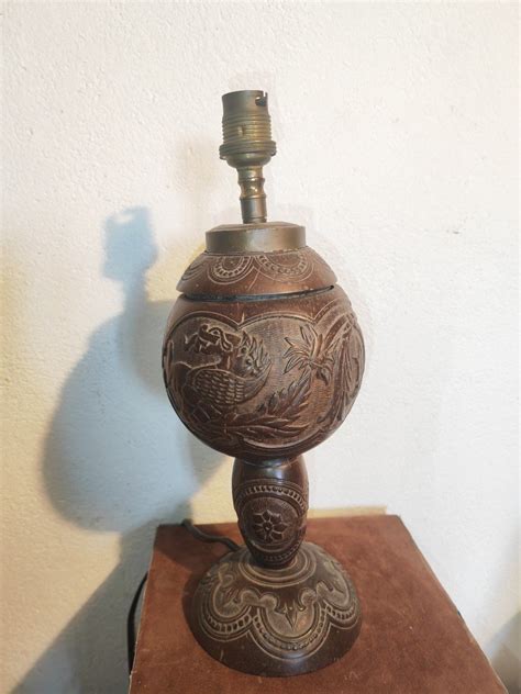 Proantic Carved Coconut Lamp Base Dragons And Naked Woman Folk Art