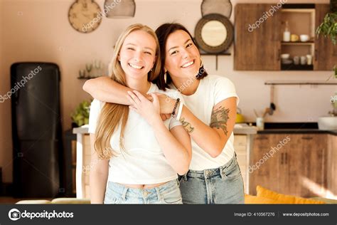 Two Women Friends Hugging Home Adorable Lesbian Couple Best Friends Stock Photo Alicerubik
