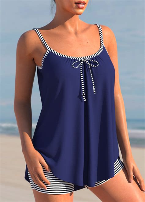 Striped Navy Blue Plus Size Bowknot Tankini Set Rosewe Usd