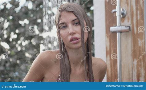 Girl In A Bathing Suit Takes A Shower Stock Footage Video Of Outside