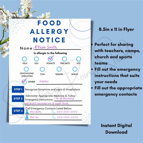 Printable Food Allergy Notice alert for School, Camps, Church