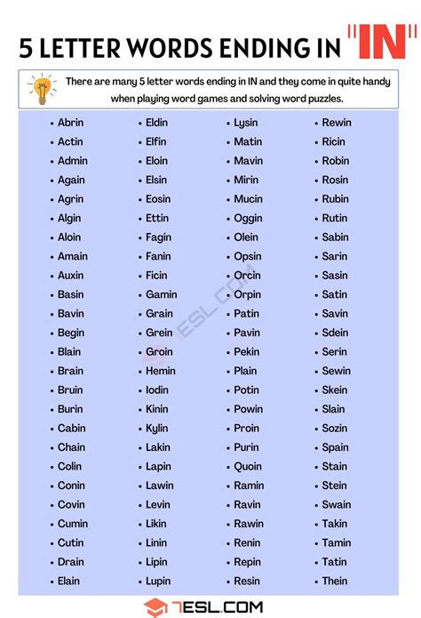 5 Letter Words Ending in IN (111 Words in English) • 7ESL